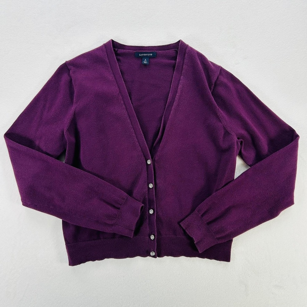 Lands End Cardigan Sweater Womens Small Purple V Neck Button Front Stretch Knit